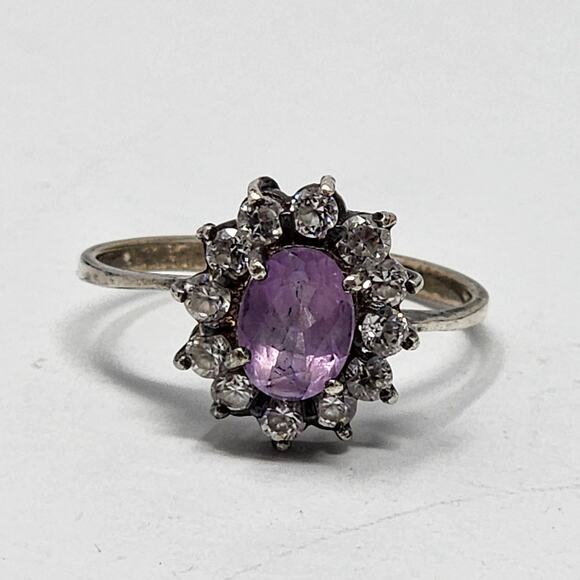 Antique Jewelry - Vintage Amethyst & White Spinel Sterling Silver Size 9.5 Cluster Ring